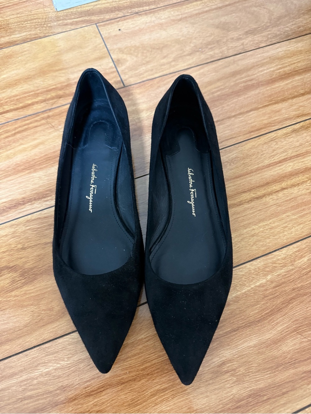 Salvatore Ferragamo Black Suede Pointed-Toe Flats